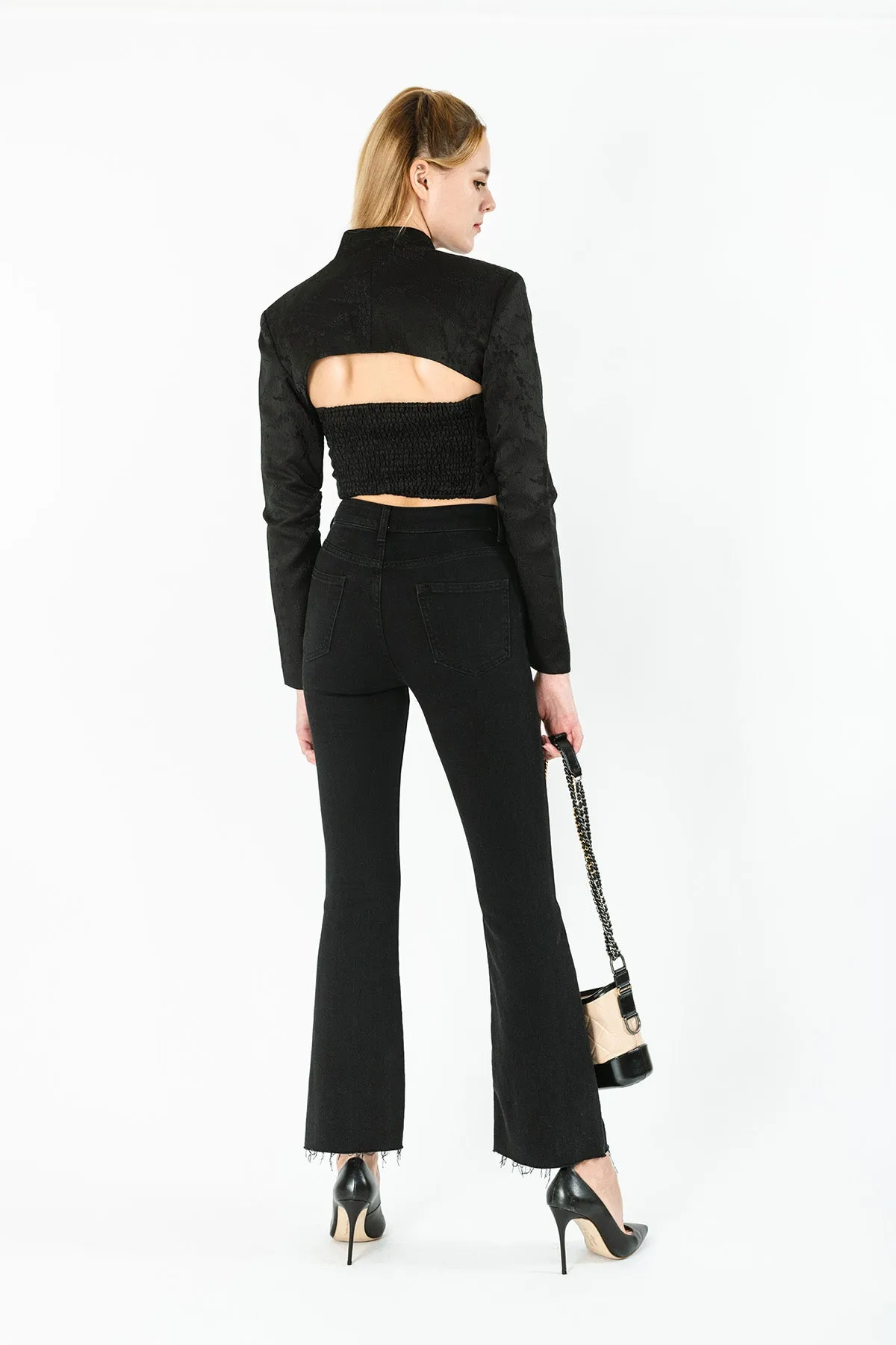 Marrleigh Chinese Stand Collar Cropped Jacket & Cut Out Crop Top Set
