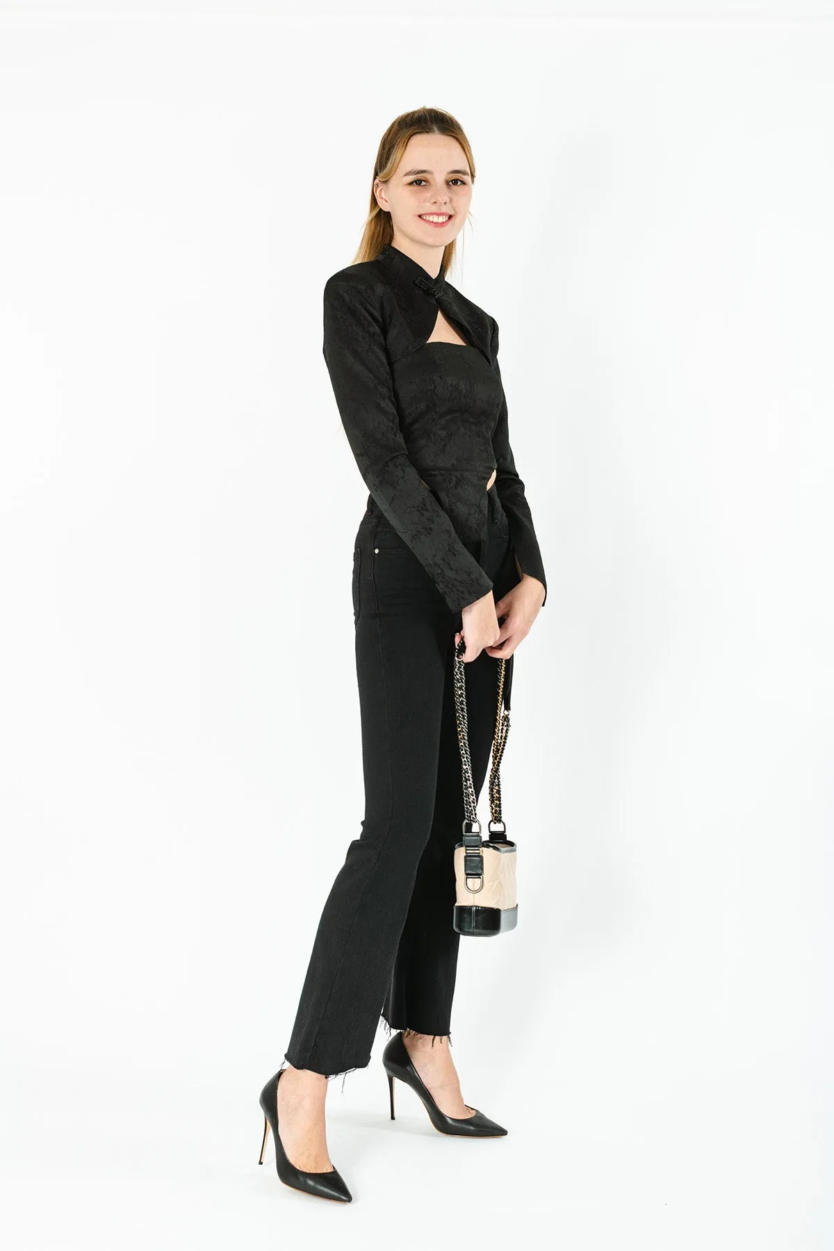 Marrleigh Chinese Stand Collar Cropped Jacket & Cut Out Crop Top Set