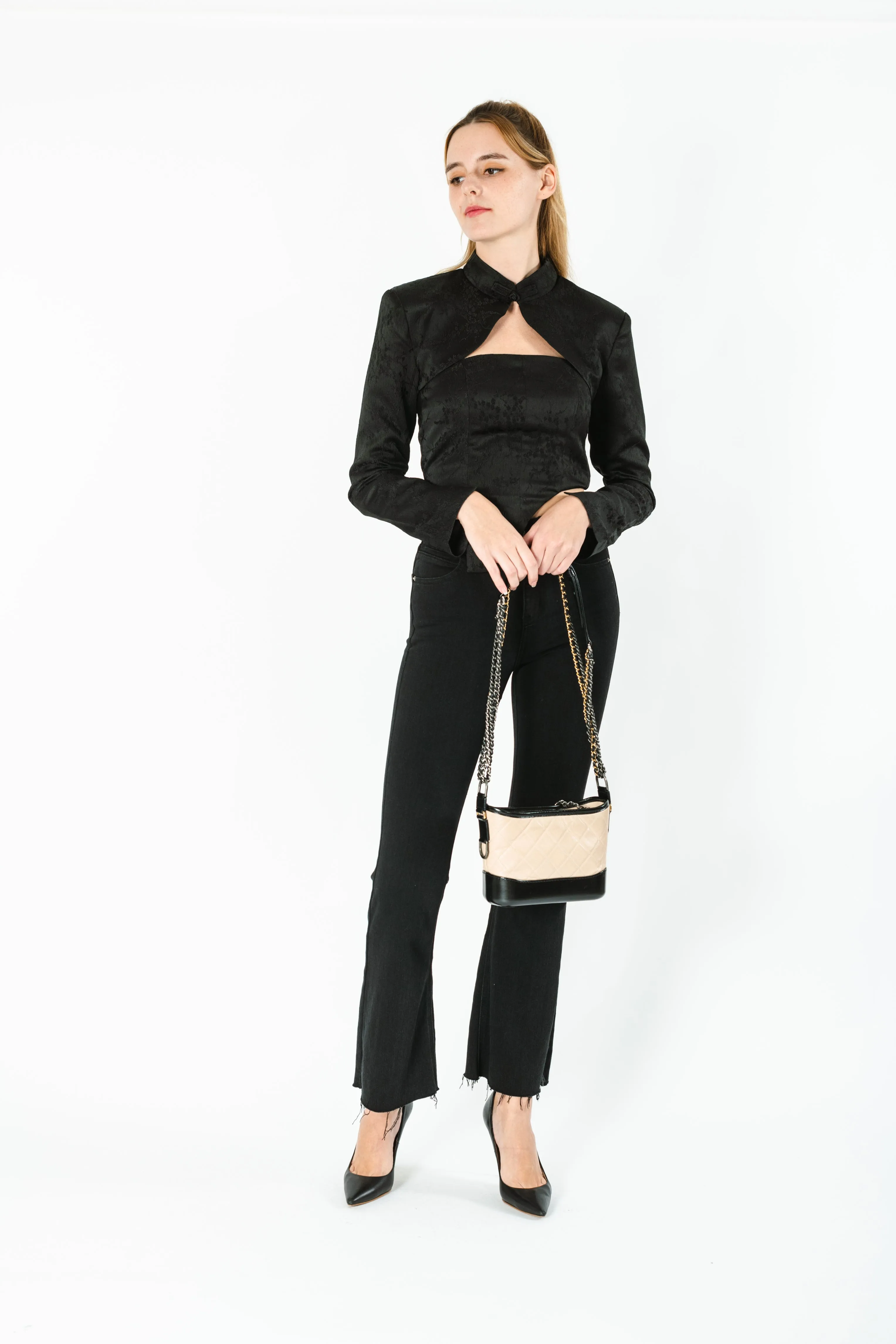 Marrleigh Chinese Stand Collar Cropped Jacket & Cut Out Crop Top Set
