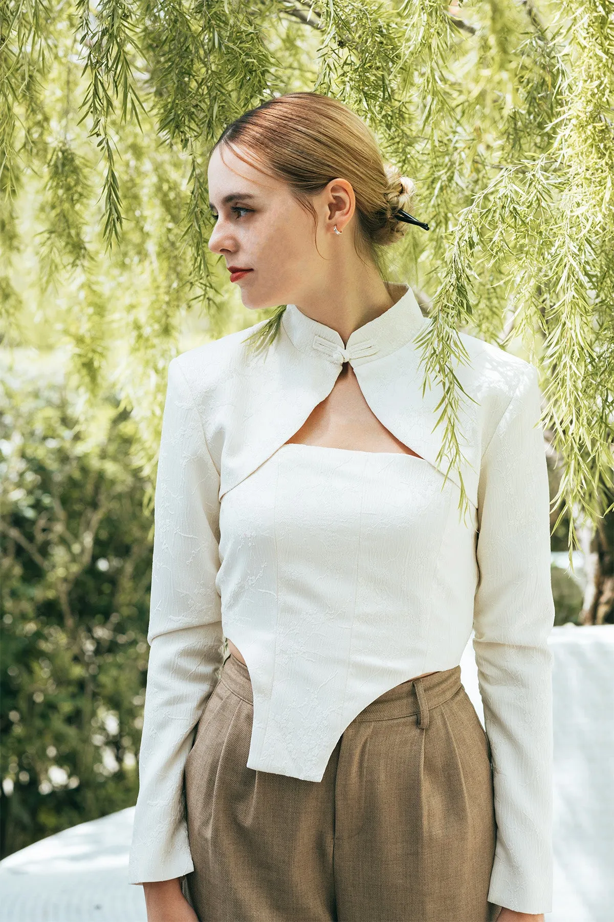 Marrleigh Chinese Stand Collar Cropped Jacket & Cut Out Crop Top Set