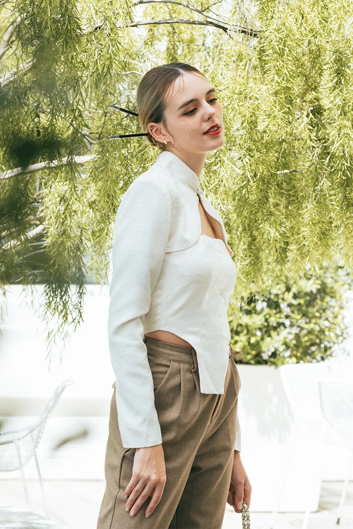 Marrleigh Chinese Stand Collar Cropped Jacket & Cut Out Crop Top Set