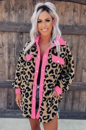 Pink Leopard Print Teddy Shacket