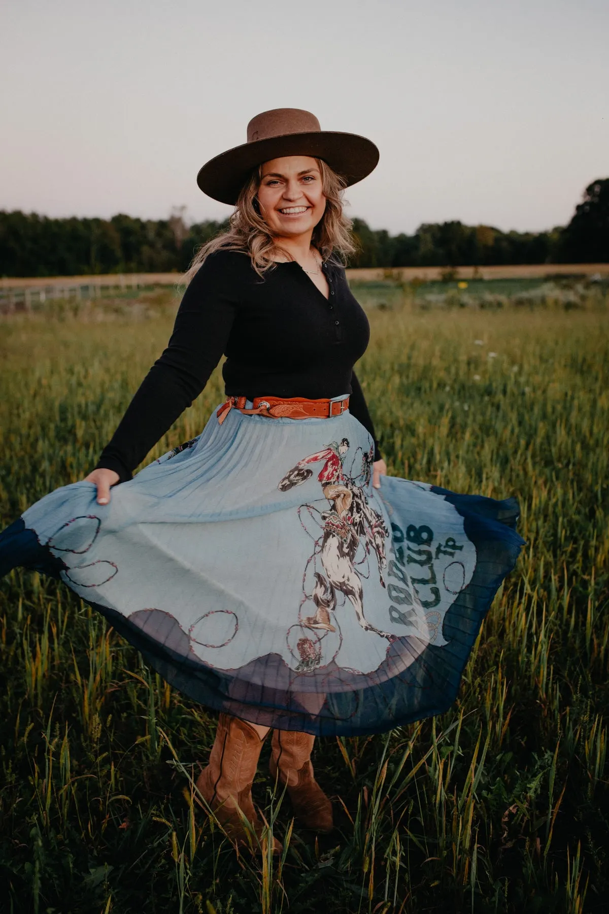 ‘Rodeo Club’ Powder Blue Pleated Midi Skirt by Tasha Polizzi (M only)