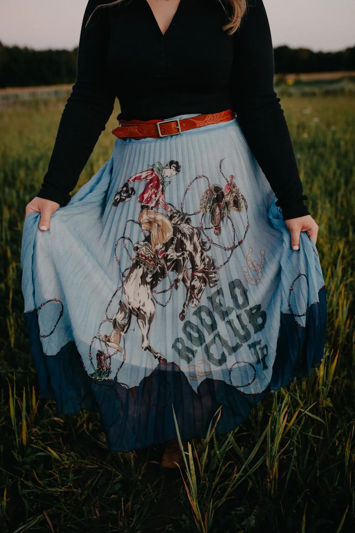 ‘Rodeo Club’ Powder Blue Pleated Midi Skirt by Tasha Polizzi (M only)