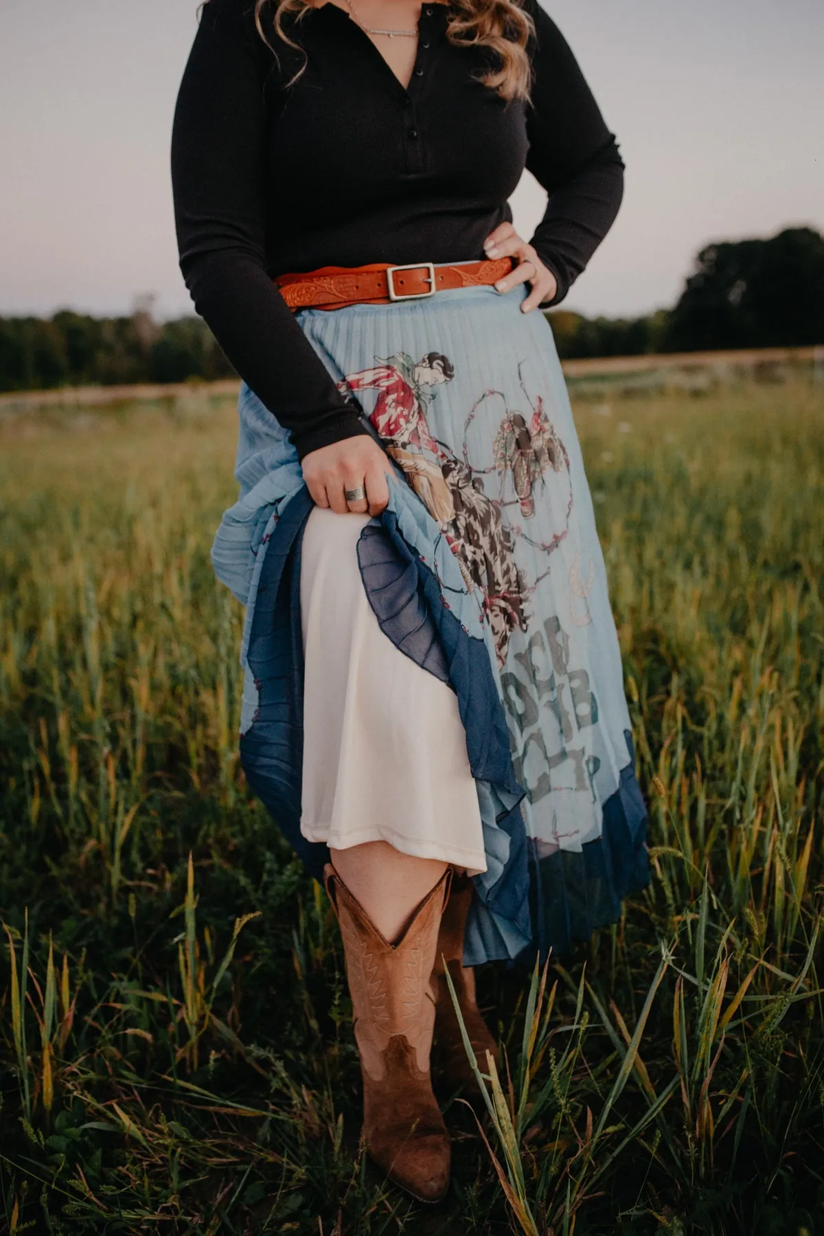 ‘Rodeo Club’ Powder Blue Pleated Midi Skirt by Tasha Polizzi (M only)
