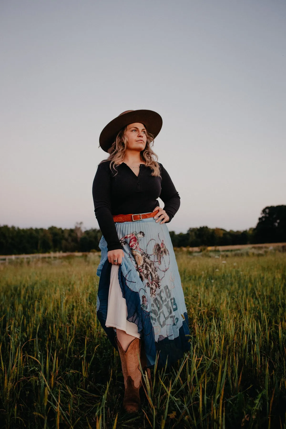 ‘Rodeo Club’ Powder Blue Pleated Midi Skirt by Tasha Polizzi (M only)