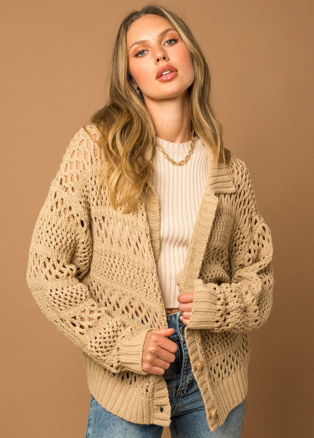 Taupe Collared Button Down Cardigan