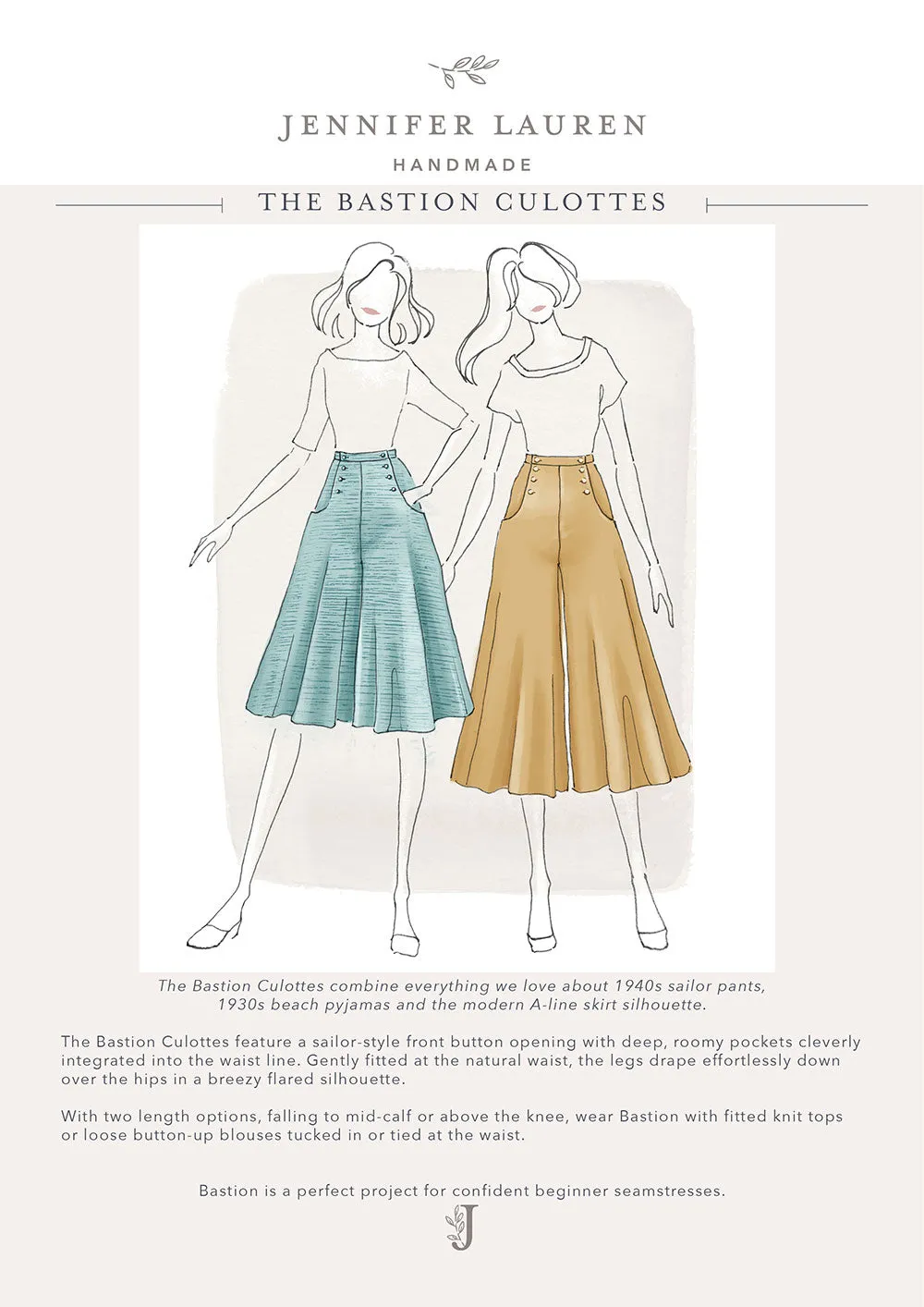 The Bastion Culottes - Jennifer Lauren Handmade - Digital PDF Download Pattern