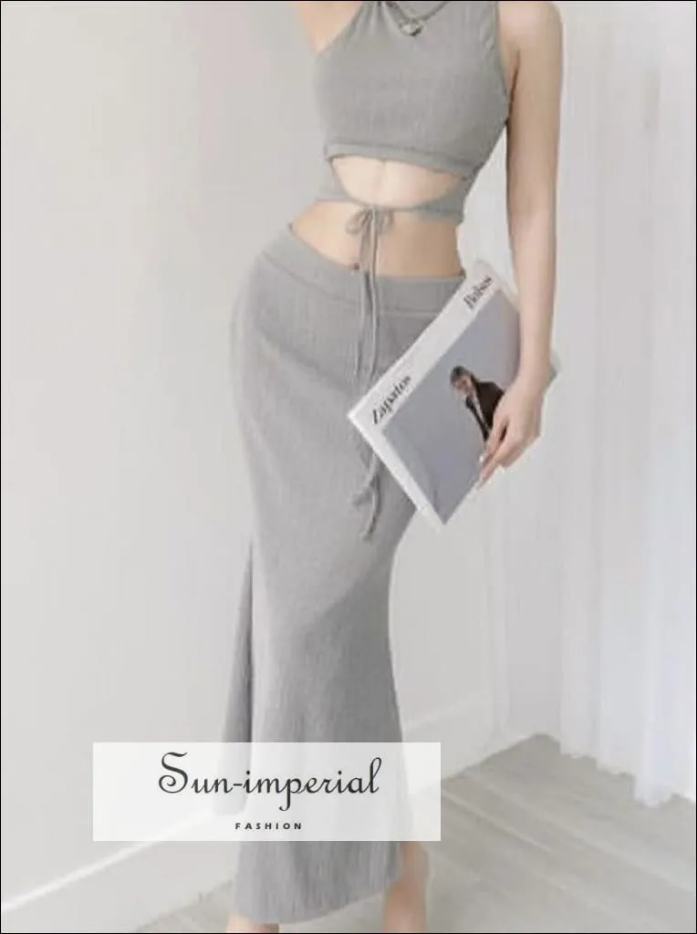 Two Piece Midi Skirt Set With High Neck Warp Around Cropped Top And Midi Mermaid Skirt