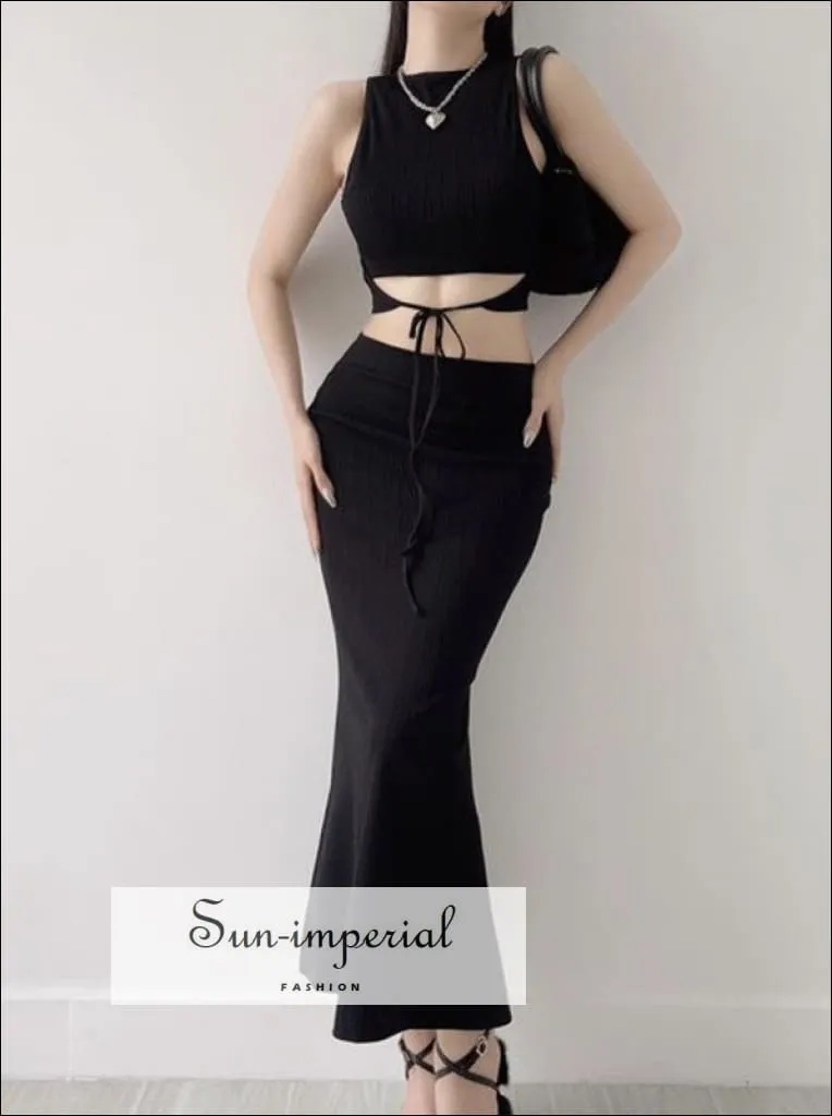 Two Piece Midi Skirt Set With High Neck Warp Around Cropped Top And Midi Mermaid Skirt