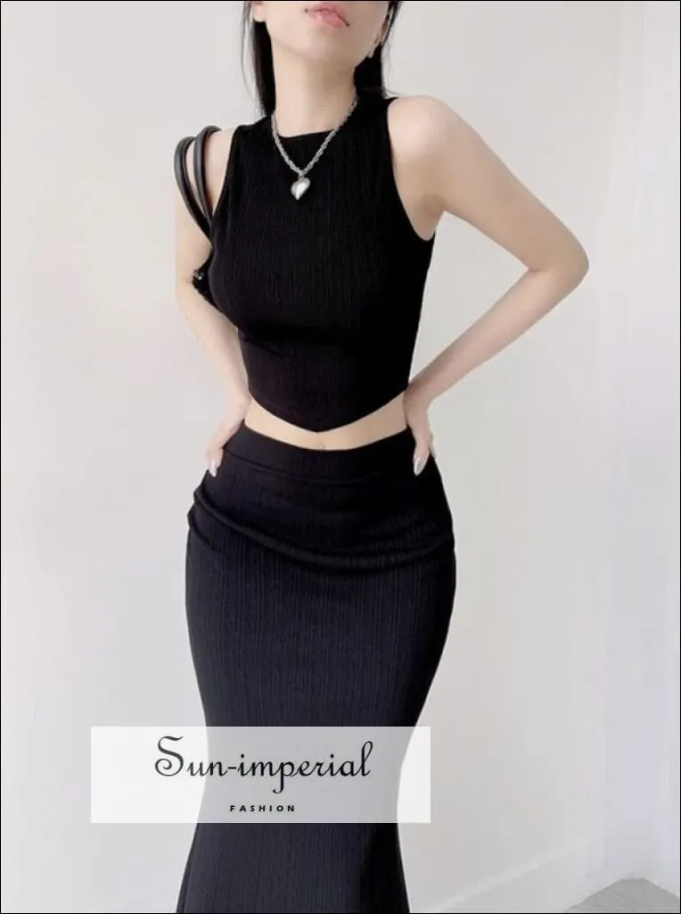 Two Piece Midi Skirt Set With High Neck Warp Around Cropped Top And Midi Mermaid Skirt