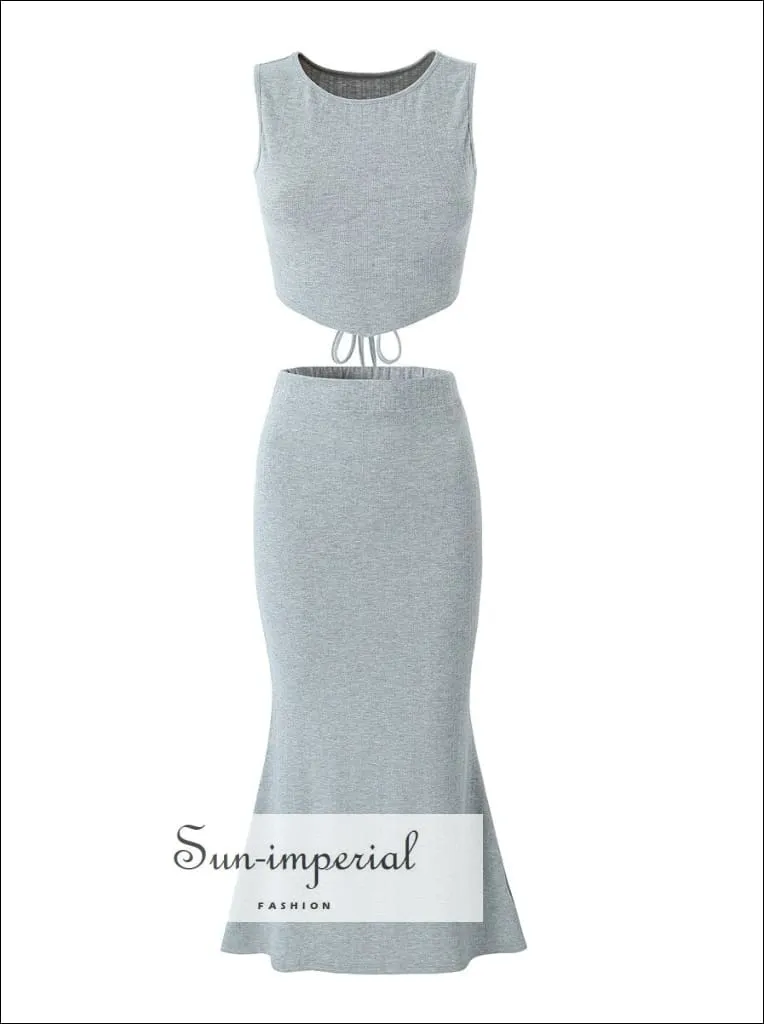 Two Piece Midi Skirt Set With High Neck Warp Around Cropped Top And Midi Mermaid Skirt