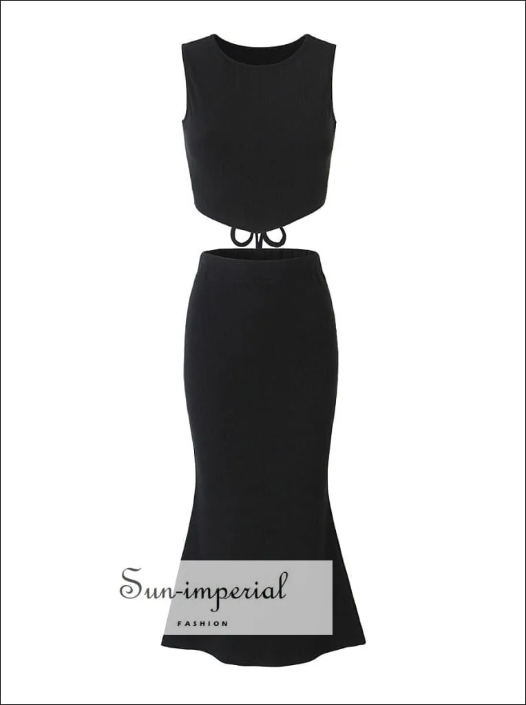 Two Piece Midi Skirt Set With High Neck Warp Around Cropped Top And Midi Mermaid Skirt