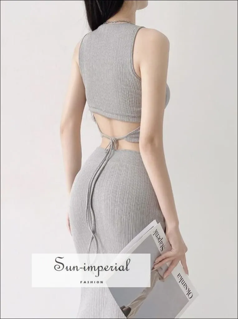 Two Piece Midi Skirt Set With High Neck Warp Around Cropped Top And Midi Mermaid Skirt