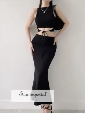 Two Piece Midi Skirt Set With High Neck Warp Around Cropped Top And Midi Mermaid Skirt